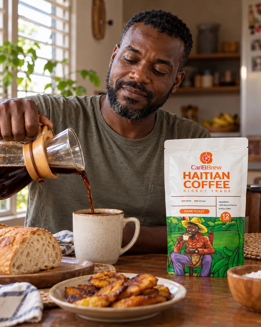 Man pouring Haitian dark roast coffee at breakfast