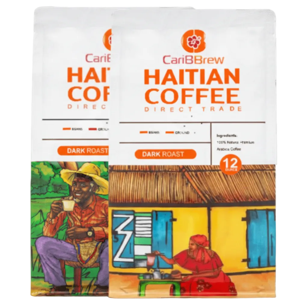 CariBBrew Haitian Coffee Direct Trade package with colorful illustrations and text.